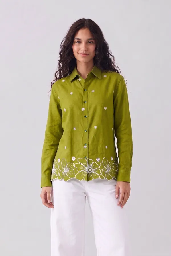 Women�s_Cotton_Embroidered_Shirt_Green_|_Floral_Embroidery_Casual_Wear_Shirt_for_Women_|_Soft_Cotton_Stylish_Top_1