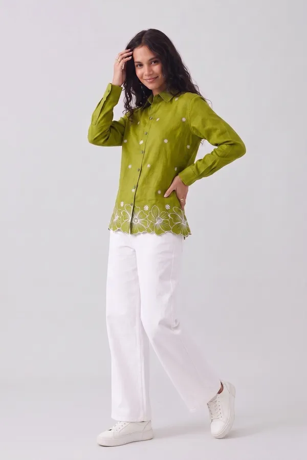 Women�s_Cotton_Embroidered_Shirt_Green_|_Floral_Embroidery_Casual_Wear_Shirt_for_Women_|_Soft_Cotton_Stylish_Top_1