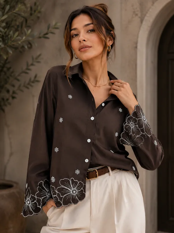 Women's_Brown_Viscose_Rayon_Embroidered_Shirt_|_Floral_Embroidery_Collared_Casual_Shirt_for_Women