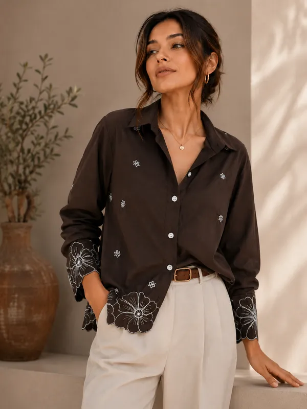 Women's_Brown_Viscose_Rayon_Embroidered_Shirt_|_Floral_Embroidery_Collared_Casual_Shirt_for_Women