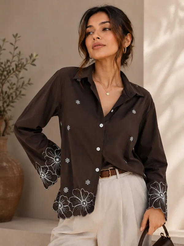 Women's_Brown_Viscose_Rayon_Embroidered_Shirt_|_Floral_Embroidery_Collared_Casual_Shirt_for_Women