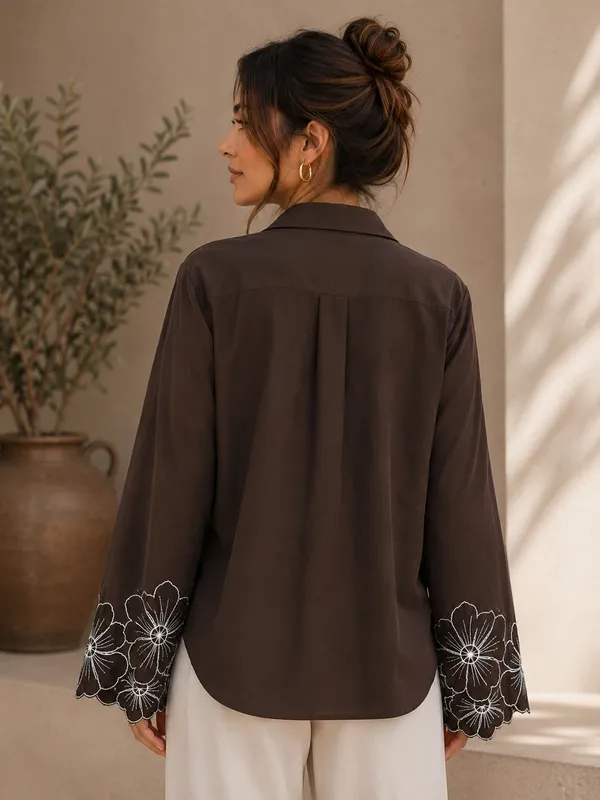 Women's_Brown_Viscose_Rayon_Embroidered_Shirt_|_Floral_Embroidery_Collared_Casual_Shirt_for_Women