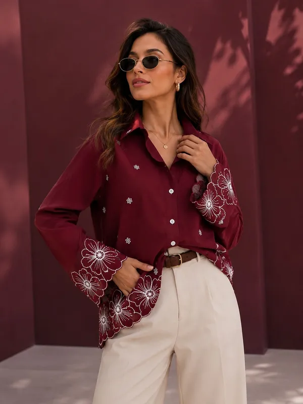 Women's_Maroon_Viscose_Rayon_Embroidered_Shirt_|_Floral_Embroidery_Casual_Formal_Shirt_for_Women