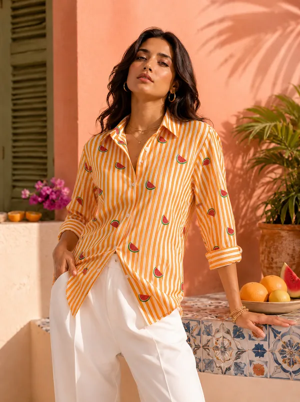 Women's_Orange_Watermelon_Print_Pure_Cotton_Shirt_|_Striped_Casual_Summer_Shirt_for_Women