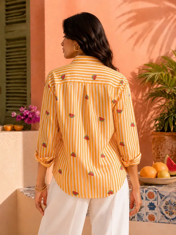 Women's_Orange_Watermelon_Print_Pure_Cotton_Shirt_|_Striped_Casual_Summer_Shirt_for_Women