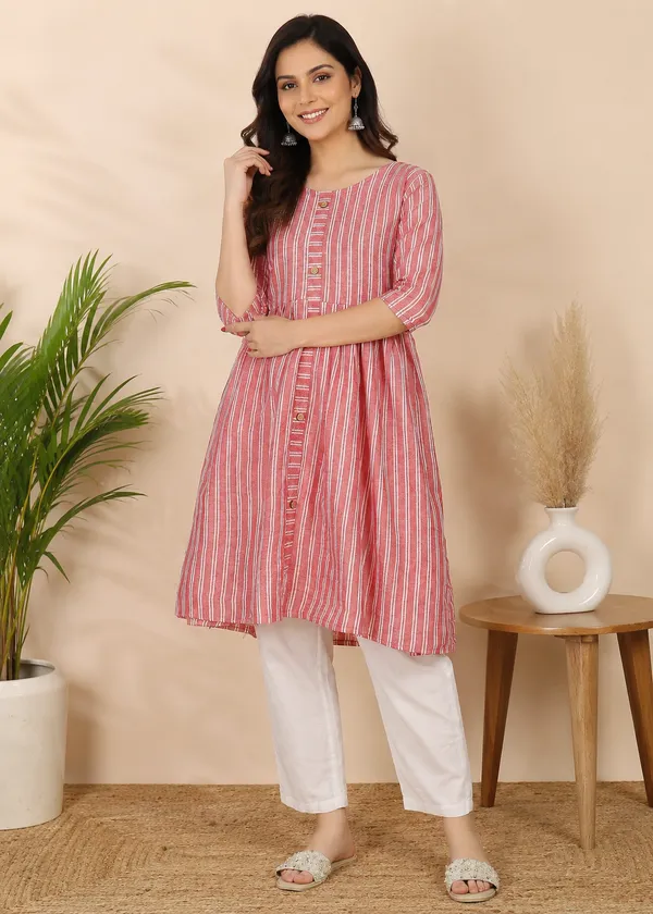 Women's_Pure_Cotton_Striped_A-Line_Kurta_|_3/4_Sleeve_Ethnic_Kurti_for_Everyday_Wear