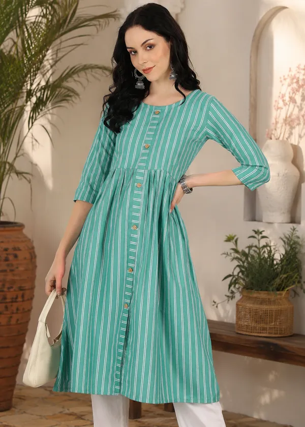 Women's_Pure_Cotton_Striped_Kurta_for_Women_|_Round_Neck_3/4_Sleeve_A-Line_Casual_Kurti