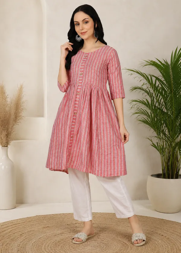 Women's_Pure_Cotton_Striped_Kurta_for_Women_|_Round_Neck_3/4_Sleeve_A-Line_Casual_Kurti