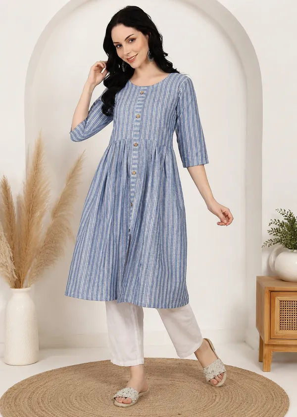 Women's_Pure_Cotton_Striped_Kurta_for_Women_|_Round_Neck_3/4_Sleeve_A-Line_Casual_Kurti