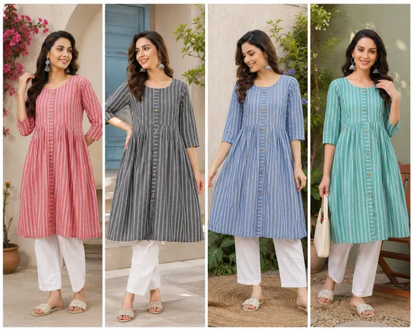 Women's_Pure_Cotton_Striped_Kurta_for_Women_|_Round_Neck_3/4_Sleeve_A-Line_Casual_Kurti