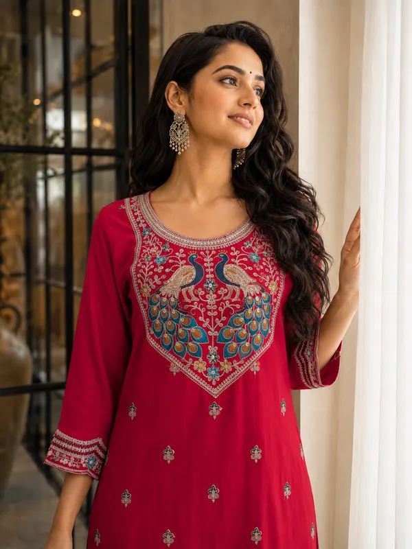 Women’s_Roman_Silk_Red_Embroidered_Kurta_Set_with_Matching_Pants_|_Peacock_Design_Ethnic_Co-ord_Set