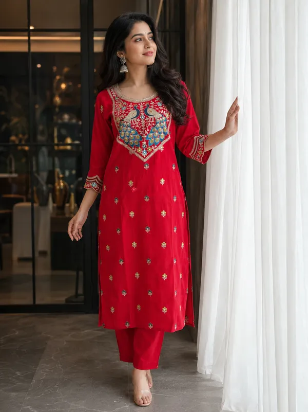 Women’s_Roman_Silk_Red_Embroidered_Kurta_Set_with_Matching_Pants_|_Peacock_Design_Ethnic_Co-ord_Set