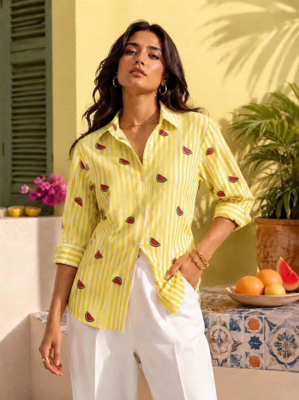 Women's_Yellow_Watermelon_Print_Pure_Cotton_Striped_Shirt_|_Casual_Summer_Cotton_Shirt_for_Women