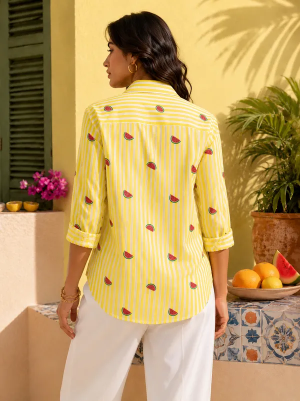 Women's_Yellow_Watermelon_Print_Pure_Cotton_Striped_Shirt_|_Casual_Summer_Cotton_Shirt_for_Women