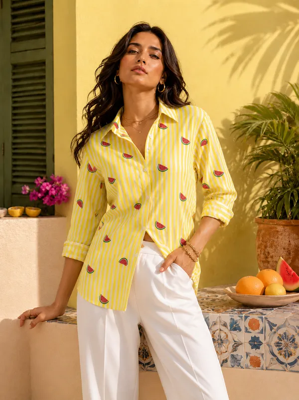 Women's_Yellow_Watermelon_Print_Pure_Cotton_Striped_Shirt_|_Casual_Summer_Cotton_Shirt_for_Women