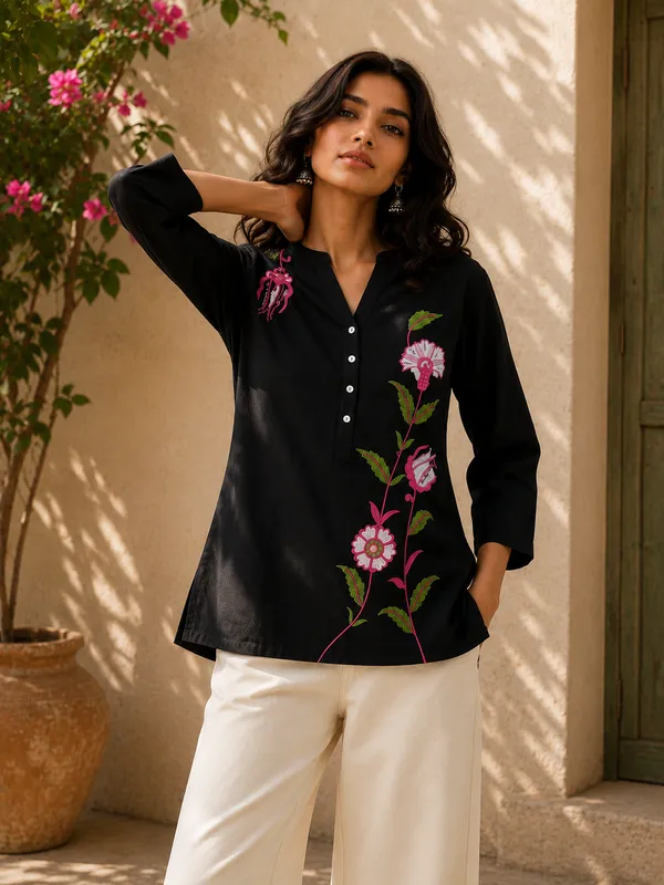 Women's_Black_Embroidered_Cotton_Top_|_Floral_Embroidery_V-Neck_Casual_Ethnic_Top_for_Women