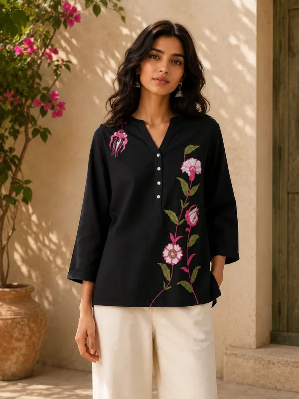 Women's_Black_Embroidered_Cotton_Top_|_Floral_Embroidery_V-Neck_Casual_Ethnic_Top_for_Women