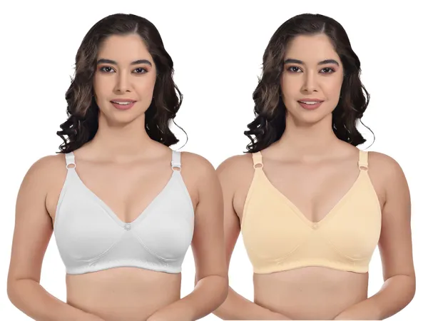 White_&_Cream_Cotton_Blend_Non_Padded_Bra_For_Women
