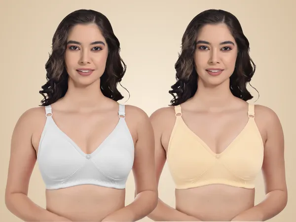 White_&_Cream_Cotton_Blend_Non_Padded_Bra_For_Women