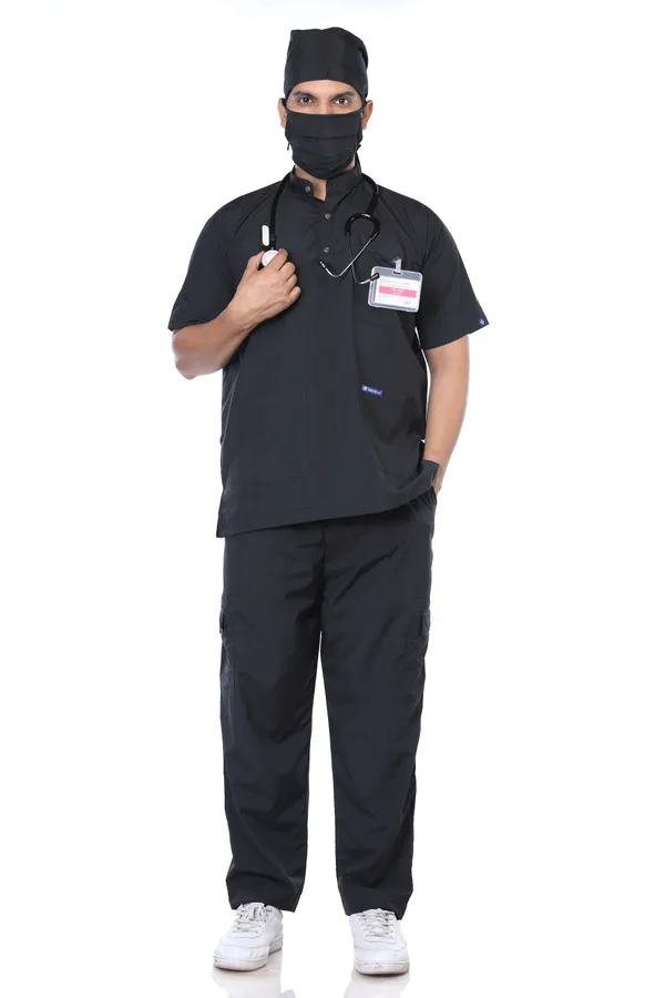Black_9_Pocket_Mandarin_Collar_Scrub_With_Cap_&_Mask_For_Men