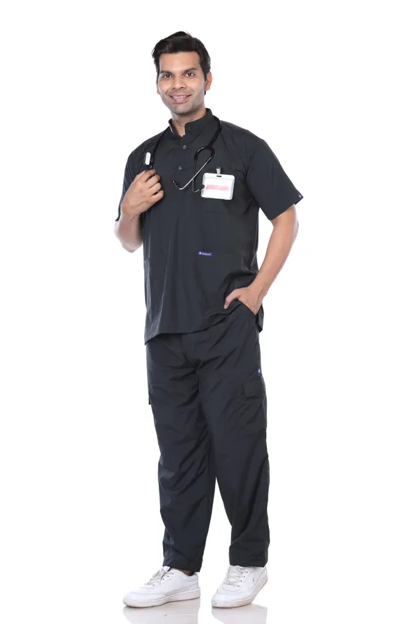Black_9_Pocket_Mandarin_Collar_Scrub_With_Cap_&_Mask_For_Men