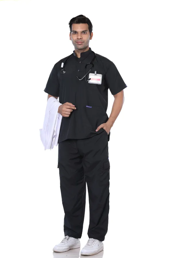 Black_9_Pocket_Mandarin_Collar_Scrub_With_Cap_&_Mask_For_Men