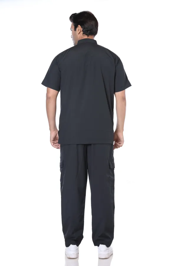 Black_9_Pocket_Mandarin_Collar_Scrub_With_Cap_&_Mask_For_Men