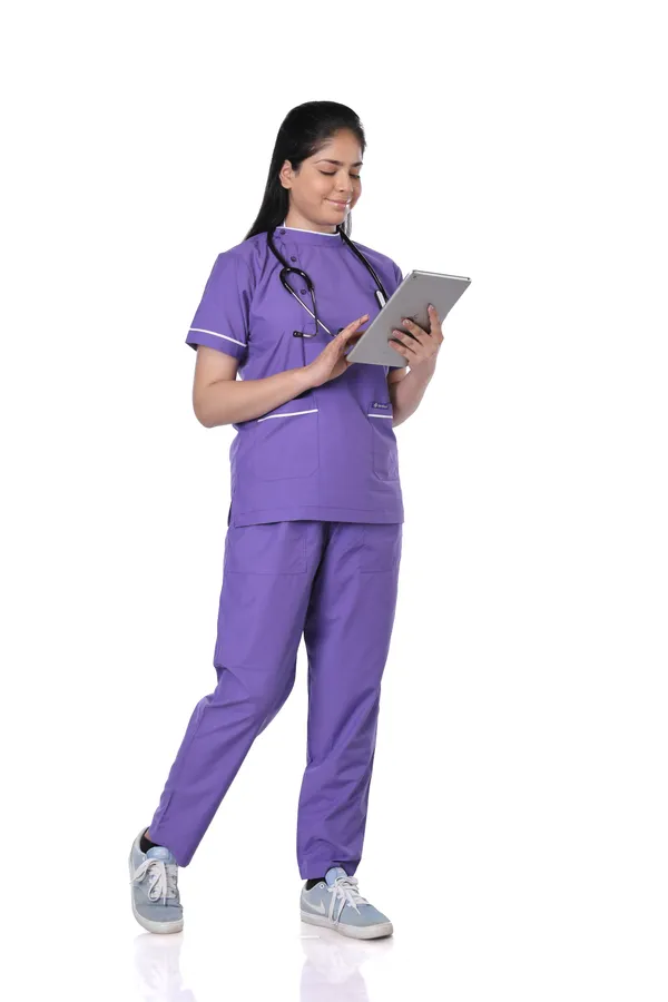 Lavender_5_Pocket_Biofit_Collar_Scrub_With_Cap_&_Mask_For_Women