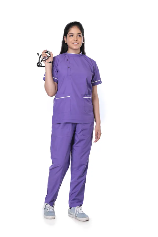Lavender_5_Pocket_Biofit_Collar_Scrub_With_Cap_&_Mask_For_Women
