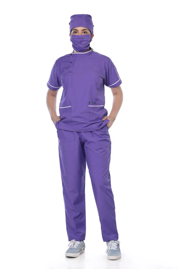 Lavender_5_Pocket_Biofit_Collar_Scrub_With_Cap_&_Mask_For_Women