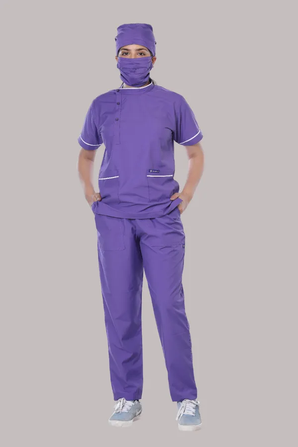 Lavender_5_Pocket_Biofit_Collar_Scrub_With_Cap_&_Mask_For_Women