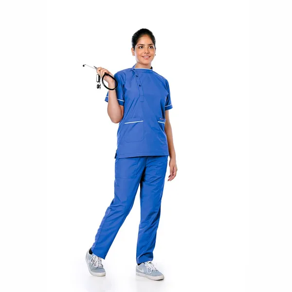Royal_Blue_7_Pocket_Biofit_Collar_Scrub_With_Cap_&_Mask_For_Women
