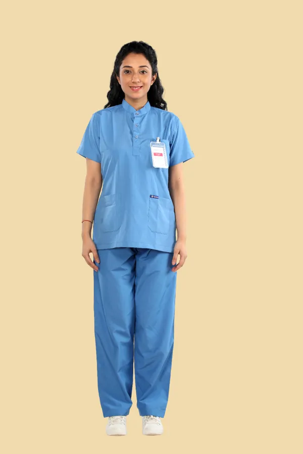 Sky_Blue_5_Pocket_Mandarin_Collar_Scrub_With_Cap_&_Mask_For_Women