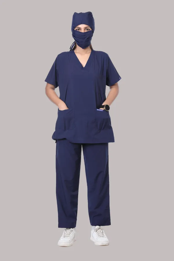 Navy_Blue_5_Pocket_V_Neck_Scrub_With_Cap_&_Mask_For_Women