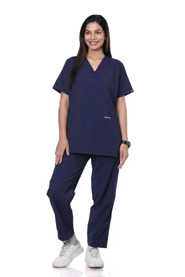 Navy_Blue_5_Pocket_V_Neck_Scrub_With_Cap_&_Mask_For_Women