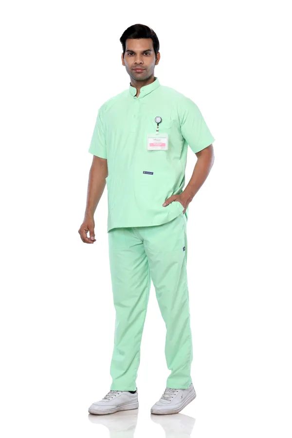 Pastel_Green_5_Pocket_Mandarin_Collar_Scrub_With_Cap_&_Mask_For_Men