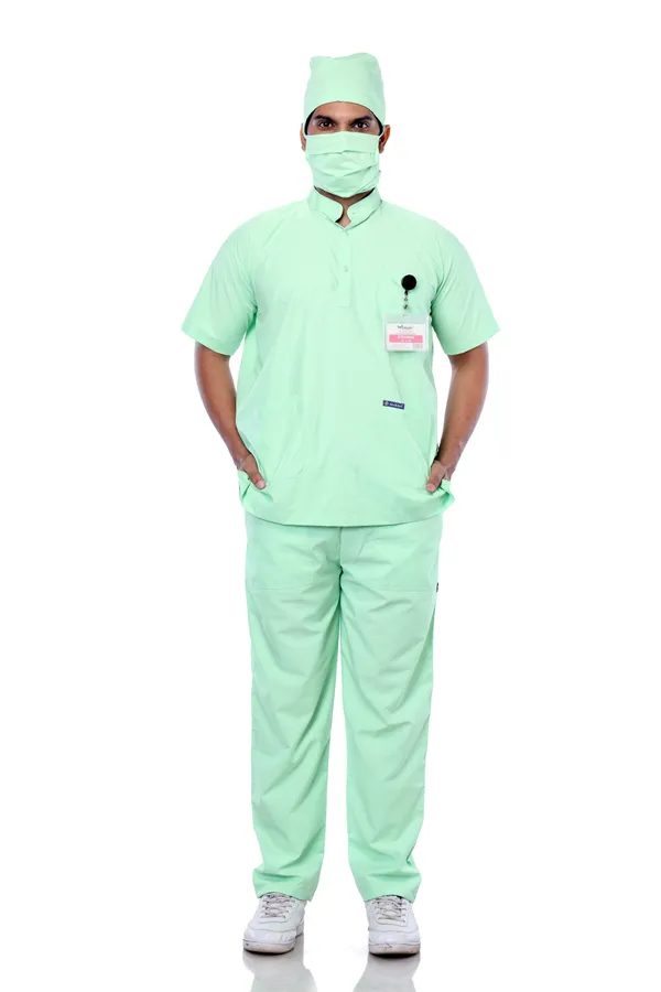 Pastel_Green_5_Pocket_Mandarin_Collar_Scrub_With_Cap_&_Mask_For_Men