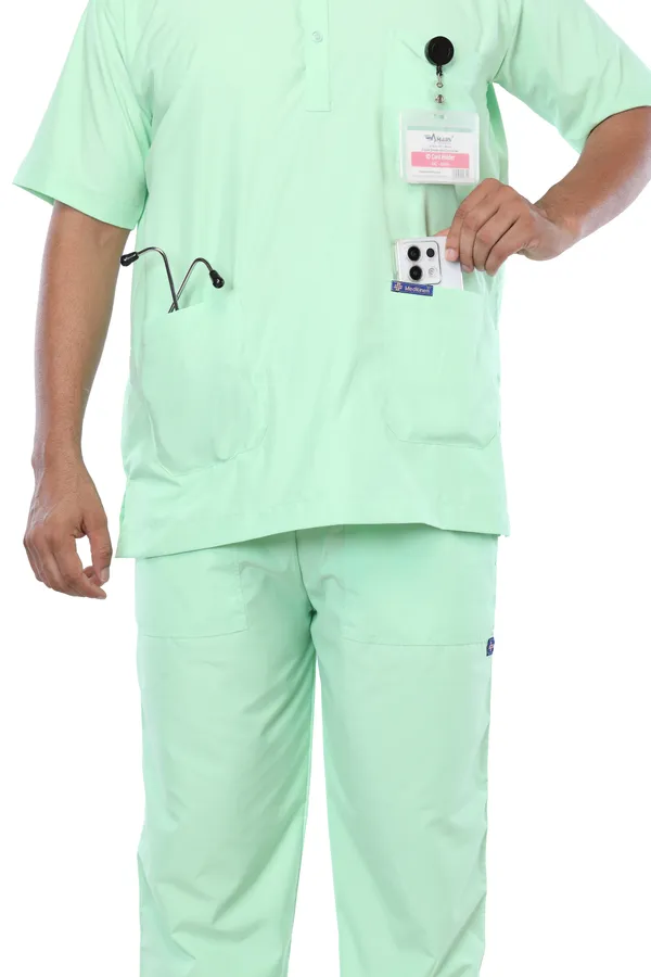 Pastel_Green_5_Pocket_Mandarin_Collar_Scrub_With_Cap_&_Mask_For_Men