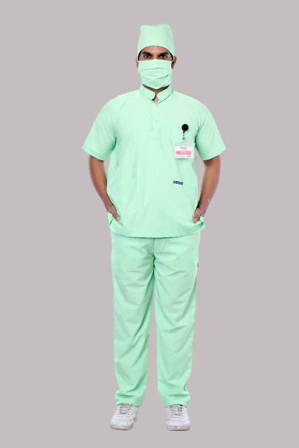 Pastel_Green_5_Pocket_Mandarin_Collar_Scrub_With_Cap_&_Mask_For_Men