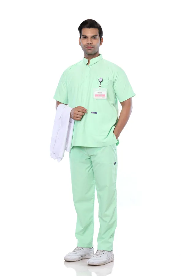 Pastel_Green_5_Pocket_Mandarin_Collar_Scrub_With_Cap_&_Mask_For_Men