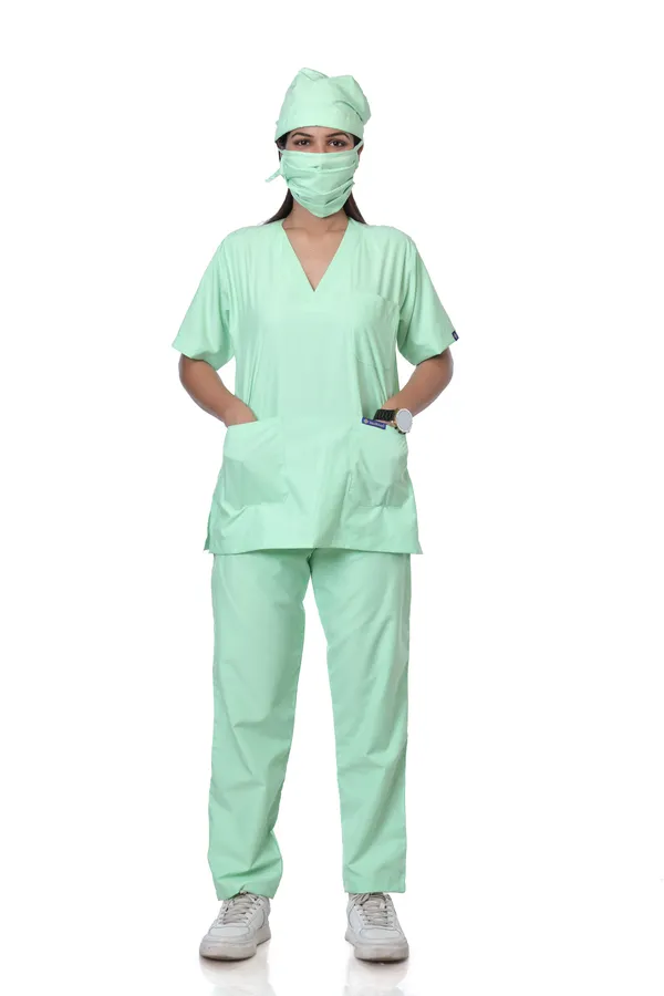 Pastel_Green_5_Pocket_V_Neck_Scrub_With_Cap_&_Mask_For_Women