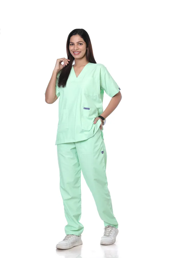 Pastel_Green_5_Pocket_V_Neck_Scrub_With_Cap_&_Mask_For_Women