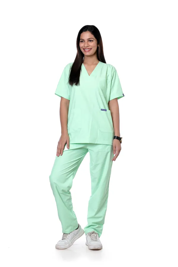 Pastel_Green_5_Pocket_V_Neck_Scrub_With_Cap_&_Mask_For_Women