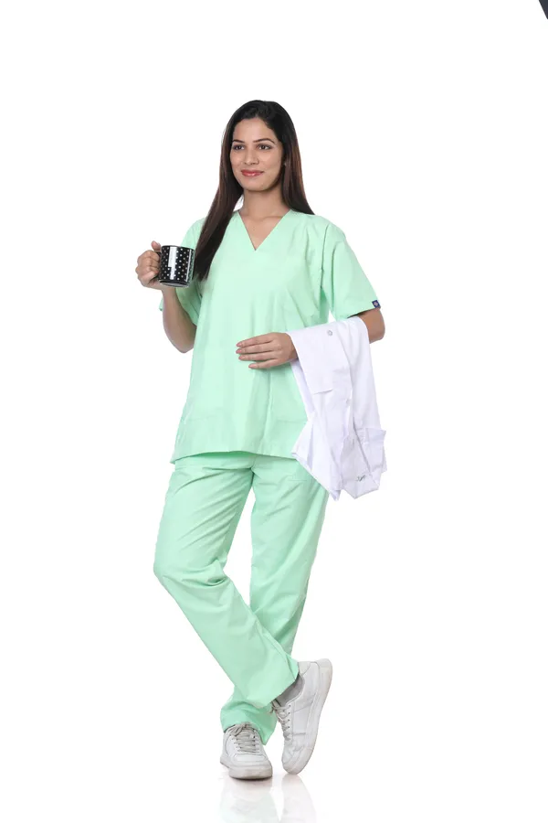 Pastel_Green_5_Pocket_V_Neck_Scrub_With_Cap_&_Mask_For_Women