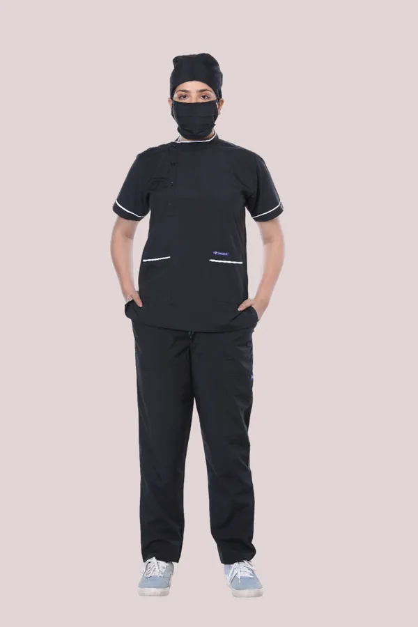 Black_7_Pocket_Biofit_Collar_Scrub_With_Cap_&_Mask_For_Women