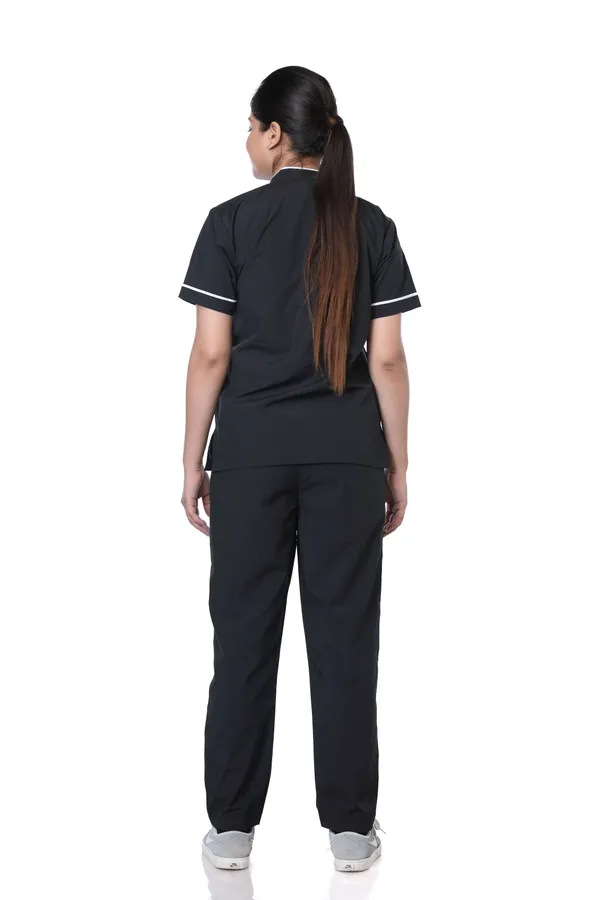 Black_7_Pocket_Biofit_Collar_Scrub_With_Cap_&_Mask_For_Women
