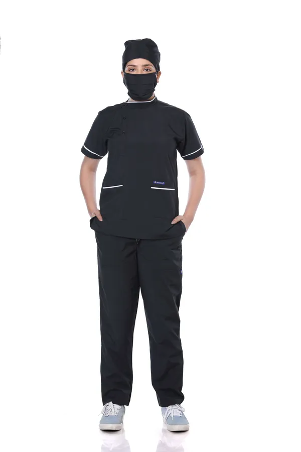 Black_7_Pocket_Biofit_Collar_Scrub_With_Cap_&_Mask_For_Women
