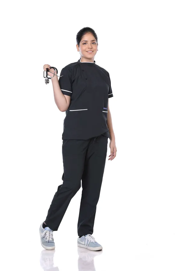 Black_7_Pocket_Biofit_Collar_Scrub_With_Cap_&_Mask_For_Women