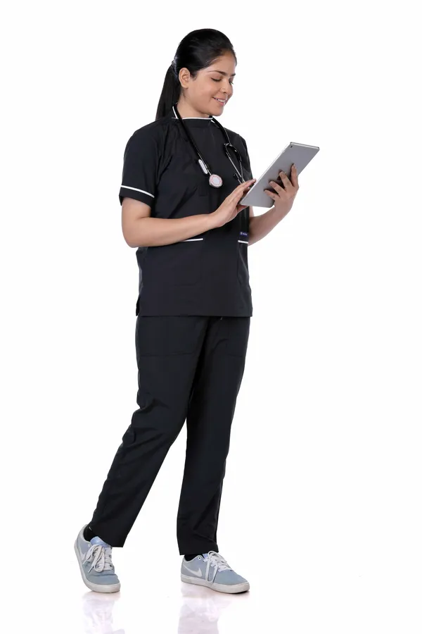 Black_7_Pocket_Biofit_Collar_Scrub_With_Cap_&_Mask_For_Women