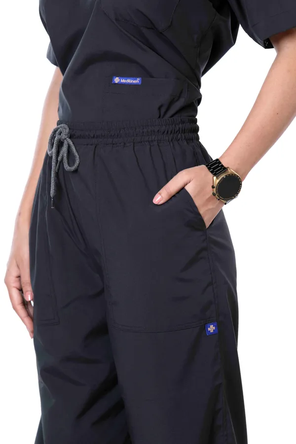 Black_7_Pocket_Biofit_Collar_Scrub_With_Cap_&_Mask_For_Women